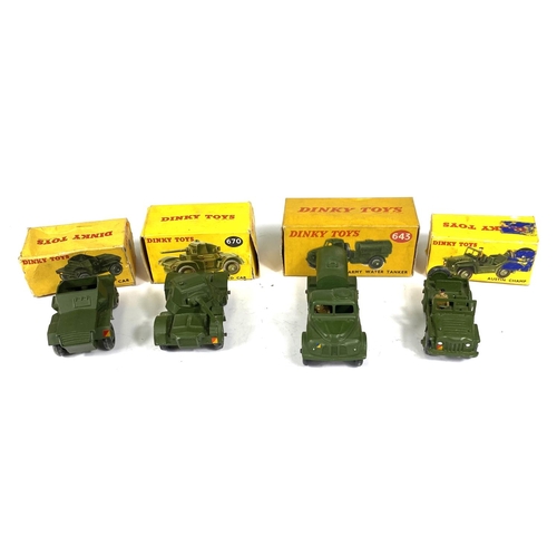 424 - DINKY TOYS: 643 Army Water Tanker with box; 670 Armoured car in box (box a/f); 673 Scout Car boxed (... 