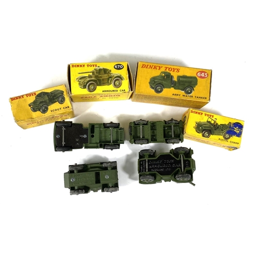 424 - DINKY TOYS: 643 Army Water Tanker with box; 670 Armoured car in box (box a/f); 673 Scout Car boxed (... 