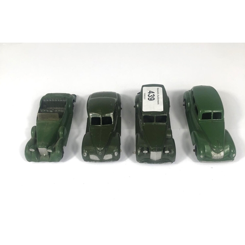 439 - DINKY TOYS: 4 Diecast Model Cars; Studebaker 39f, Chrysler Sedan, Lagonda sports coupe 38c and a Pac... 