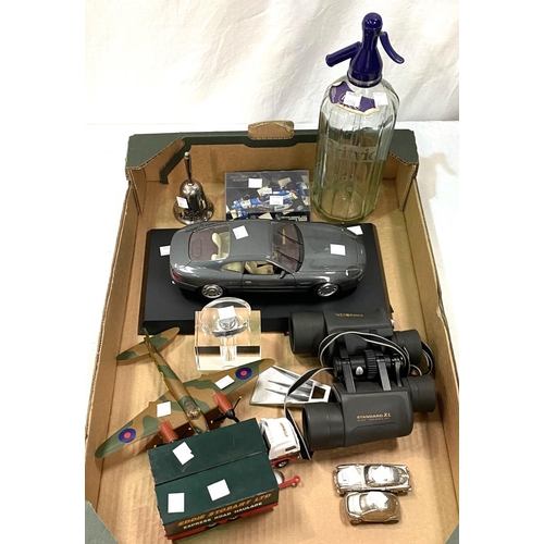 47 - A selection of collectors items:  binoculars; soda siphon; camera; model cars; etc.