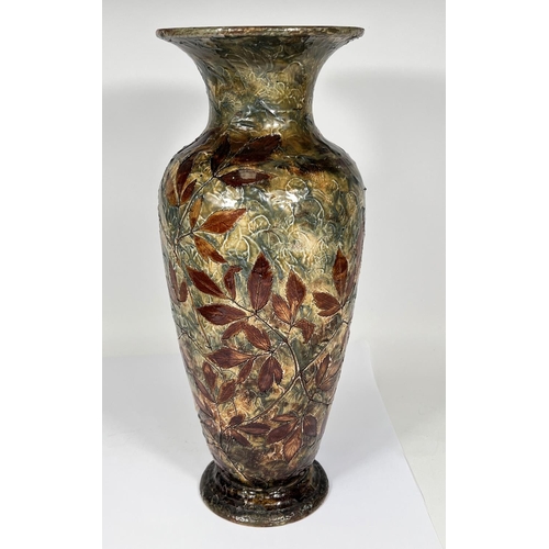 480 - Doulton Lambeth: Late 19th/early 20th century stoneware vase with green textured ground and autumn c... 