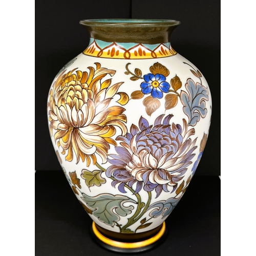 482 - Royal Gouda: Chrysanthemum Vase scrolling flowers, signed and titled to base, height 34cm.