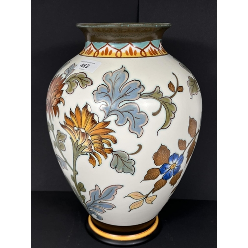 482 - Royal Gouda: Chrysanthemum Vase scrolling flowers, signed and titled to base, height 34cm.