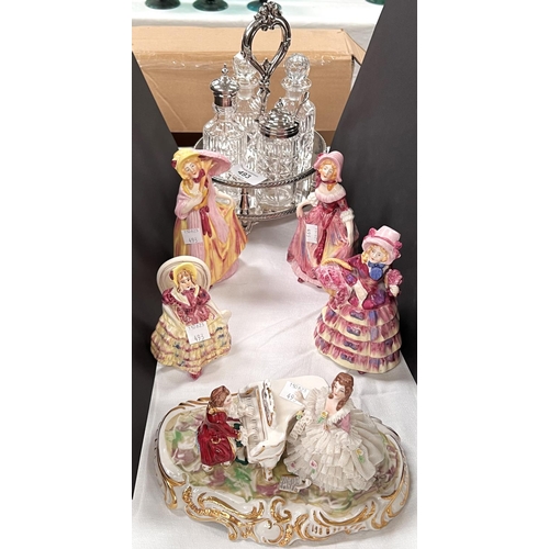 493 - A silver plated cruet set with cut glass ceramic figures etc.