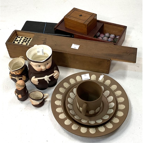50 - A Wedgwood brown stoneware trio set; 4 Goebels monks, 2 boxed sets of dominoes; a card box and a box... 