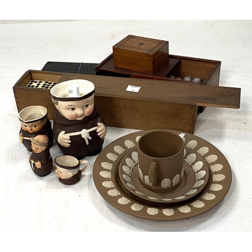 50 - A Wedgwood brown stoneware trio set; 4 Goebels monks, 2 boxed sets of dominoes; a card box and a box... 