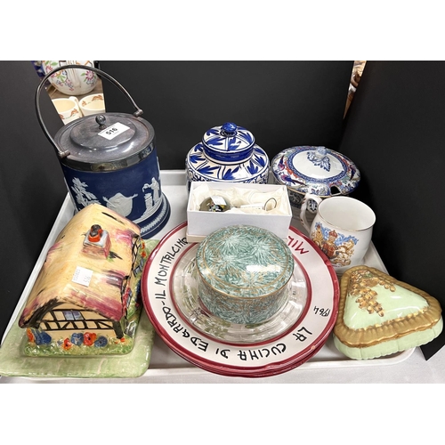 516 - A Jasperware biscuit barrel with EPNS mounts; a meat platter; a cottage cheese dish; decorative chin... 