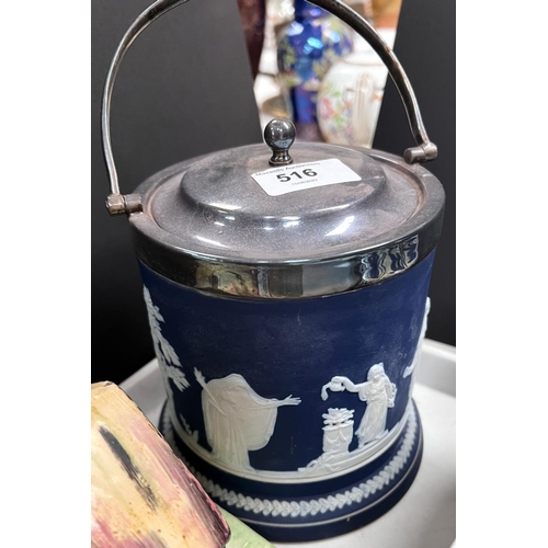 516 - A Jasperware biscuit barrel with EPNS mounts; a meat platter; a cottage cheese dish; decorative chin... 