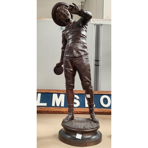 54A - A late 19th/early 20th century Bronze Figure of a boy in a hat playing bat and ball, 'Pan!', height ... 