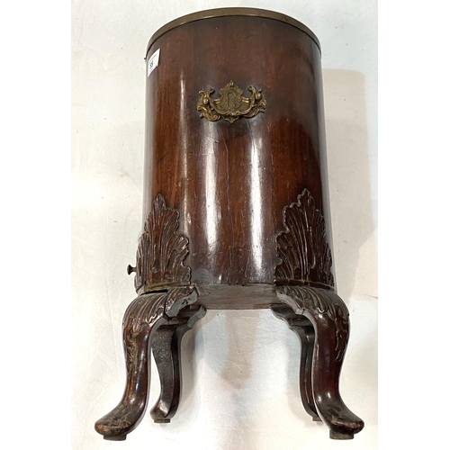 55 - A wood cylindrical low plant stand with metal liner and base drawer, on carved feet, height 46cm