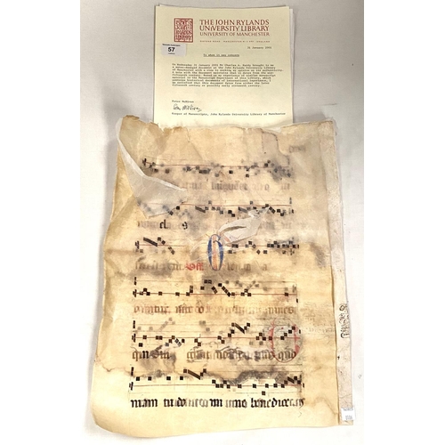 57 - An unusual 15th/16th century velum sheet with medieval musical notation, height 42cm, with authentic... 