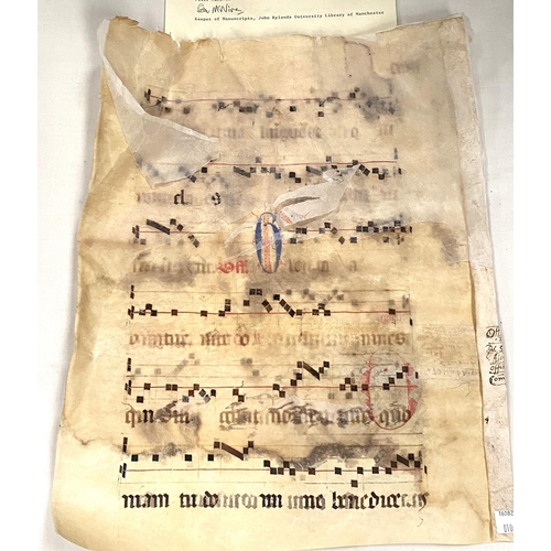 57 - An unusual 15th/16th century velum sheet with medieval musical notation, height 42cm, with authentic... 