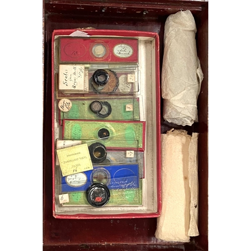 63 - A red lacquer box containing a collection of J B Dancer Microphotographic slides and Victorian and l... 