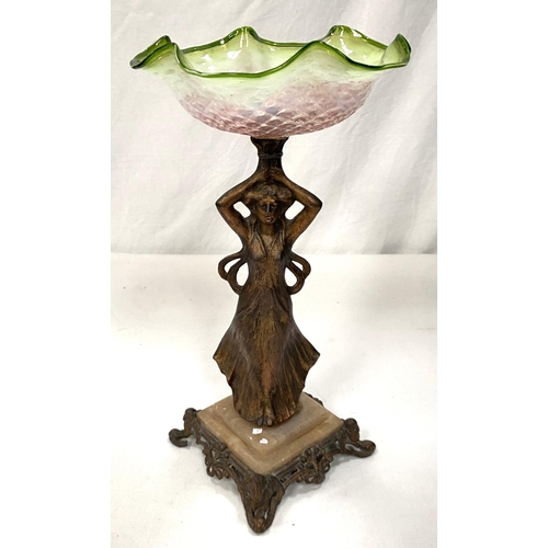 66 - An Art Nouveau spelter and alabaster table centre with coloured opalescent glass bowl, 33cm