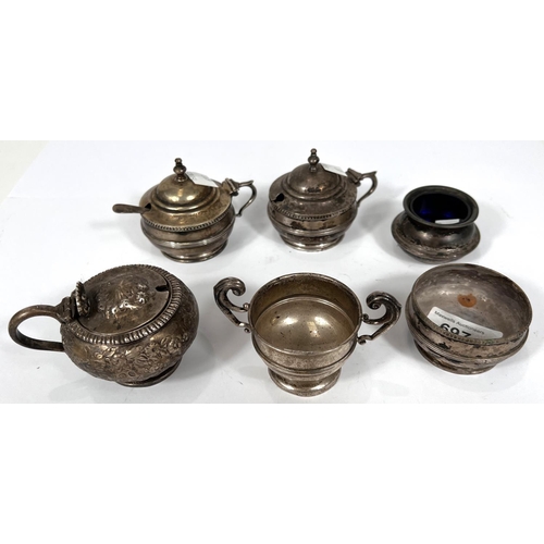 697 - A circular hallmarked silver part cruet set, Birmingham 1923 and 3 other hallmarked silver cruet pie... 