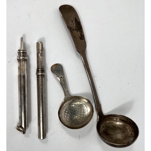 699 - A Georgian hallmarked sauce ladle, Edinburgh 1846; a Georgian hallmarked silver caddy spoon; 2 white... 