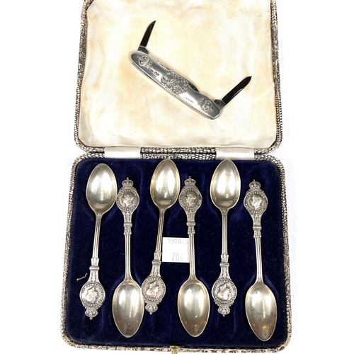 704 - A cased set of George VI coronation hallmarked silver coffee spoons, circa 1936; an Edward VII coron... 