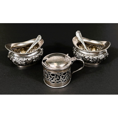 736 - A pair of hallmarked silver mustard pots and spoons, Birmingham 1903, and another 3.3oz