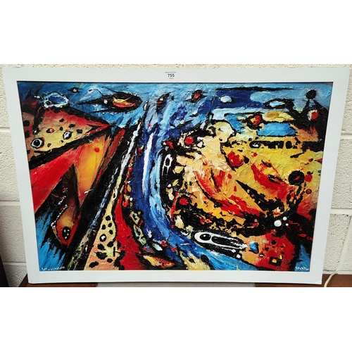 755 - David Wilde: Northern Artist 'Fire in Cornfield' abstract acrylic on board, signed and titled 53x77c... 