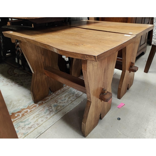 870 - A pair of oak Tavern tables/benches with stretcher and peg supports, length 76cm, height 61cm