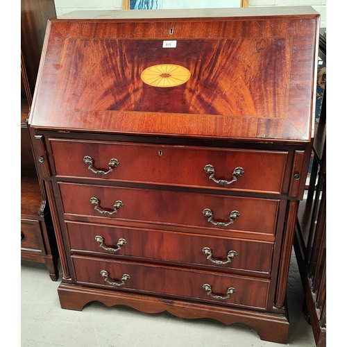 875 - A reproduction inlaid mahogany bureau with fall front