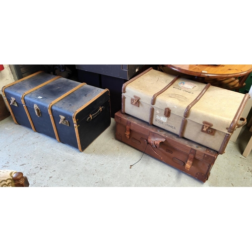 885 - A large wood bound travel trunk in blue 90 x 52 x 45cm; another with Cunard label and a large leathe... 