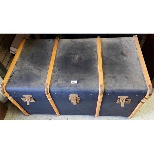 885 - A large wood bound travel trunk in blue 90 x 52 x 45cm; another with Cunard label and a large leathe... 