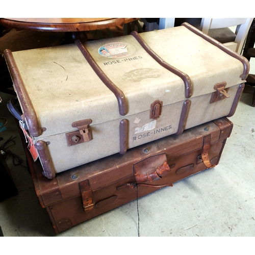 885 - A large wood bound travel trunk in blue 90 x 52 x 45cm; another with Cunard label and a large leathe... 