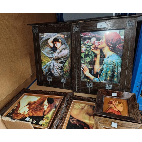 99 - A pre-Raphaelite pair of prints in 'Secessionist' style oak frames, overall height 38cm; a similar p... 