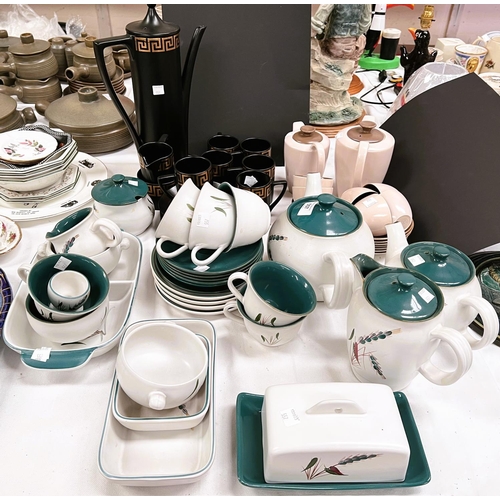 557 - A Denby Greenwheat part tea set; a 1950's Poole part coffee set; a Portmeirion 15 piece coffee set, ... 