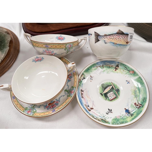 553 - A Royal Worcester V.J.P fishing large breakfast cup and saucer, and a pair of Royal Worcester soup b... 