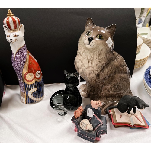 569 - A Crown Derby cat wearing a crown; a Beswick cat; others