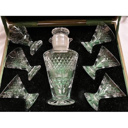 583 - A 1930's Webb Corbett glass cocktail set comprising decanter (rim chipped and cracked) and 6 conical... 