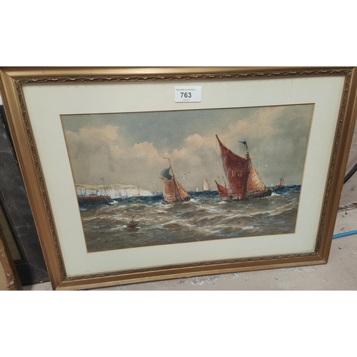 763 - R.T. Wilding, Fishing Boats on a Choppy Sea, possibly Whitby, watercolour, signed, 23 x 37, framed a... 