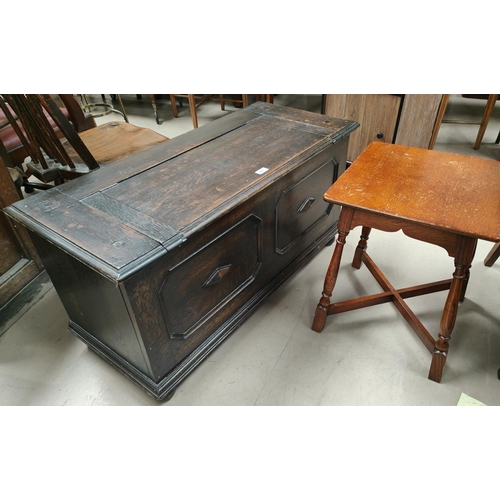 813 - A William and Mary style oak blanket box; a small square oak stool