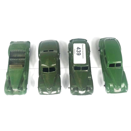 439 - DINKY TOYS: 4 Diecast Model Cars; Studebaker 39f, Chrysler Sedan, Lagonda sports coupe 38c and a Pac... 