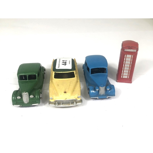 441 - DINKY TOYS: Yellow Buick Roadmaster 24v, Blue Triumph 151, Dinky Toys Red Telephone Box, Riley 40a.&... 