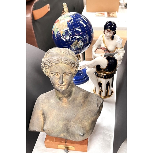 491 - A small Lapis Lazuli coloured globe; a bust of Aphrodite on a wooden plinth; a Royal dux Art Deco fi... 