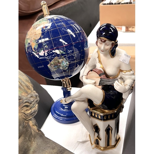 491 - A small Lapis Lazuli coloured globe; a bust of Aphrodite on a wooden plinth; a Royal dux Art Deco fi... 