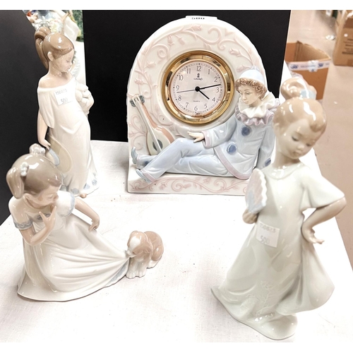 500 - A Lladro clock with a clown; 3 Nao figures of children.