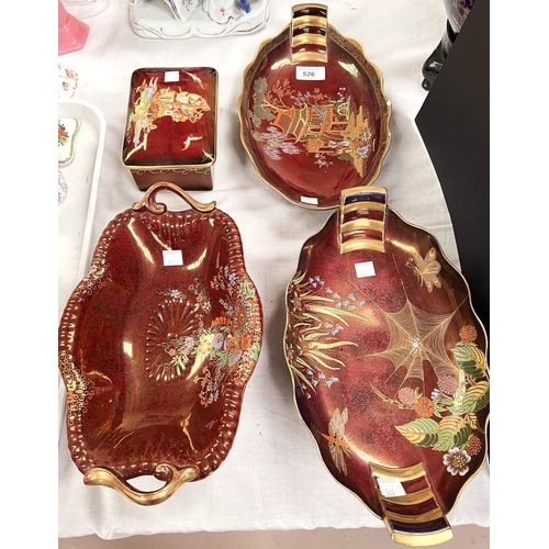 526 - A Carltonware pair of oval red lustre dishes decorated with a pagoda and spider respectively, length... 