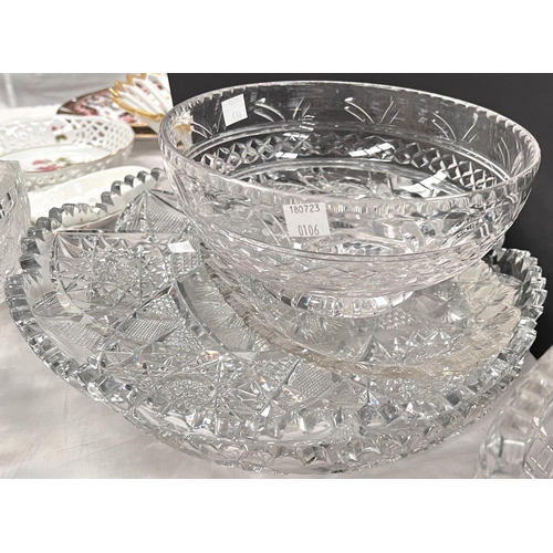 534 - A cut crystal heavy boat shaped fruit bowl; similar dishes; plates; etc.