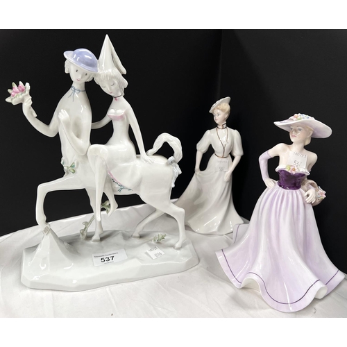 537 - A Rosenthal group:  couple on horseback, height 25cm; 2 Coalport figures:  Demetria & Lorraine