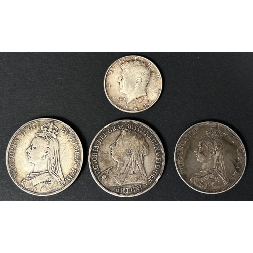 724 - QV Crowns: 1892 and 1893; QV double florin 1890, a 1964 half dollar