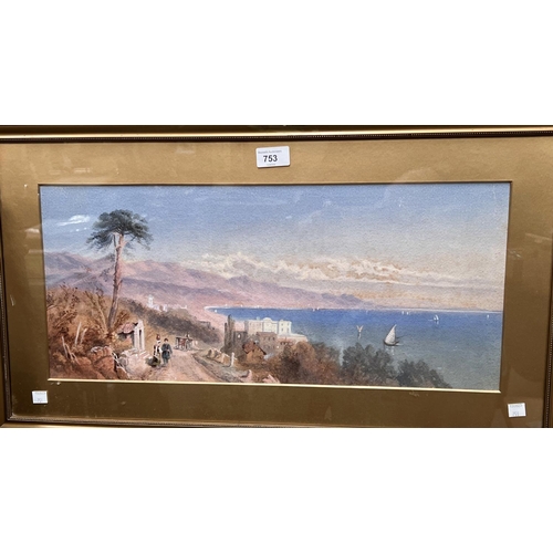 753 - A 19th century Italian Lake scene with road by a lake, unsigned, 24 x 54cm, framed and glazed