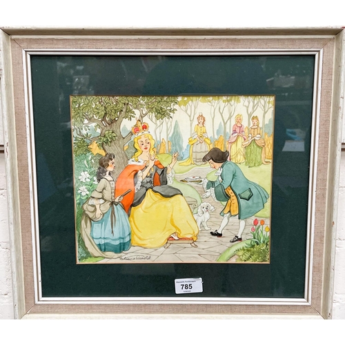 785 - Patience Arnold: Watercolour fairytale scene of Queen Anne receiving a letter, 23 x 27 cm, framed an... 