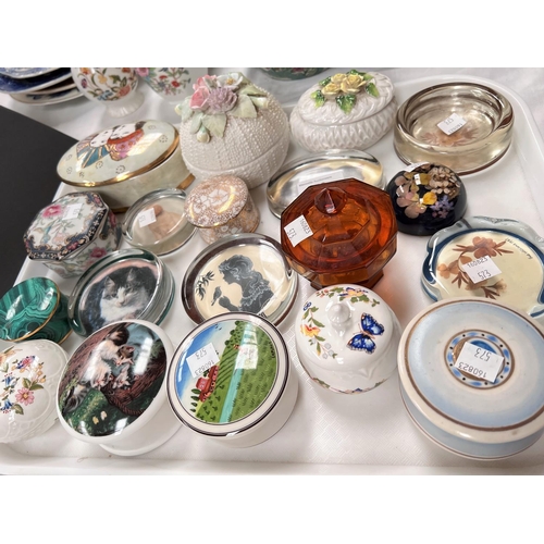 573 - A collection of china trinket boxes; 7 various glass paperweights