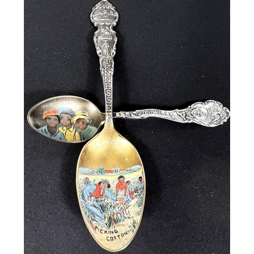 666 - Of slavery interest, two enamelled silver souvenir spoons depicting slavery scenes in Tennessee and ... 