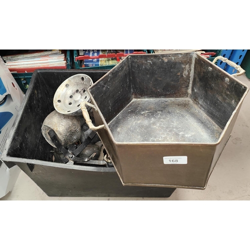 168 - A brass hexagonal planter with two hands and a selection of decorative items.