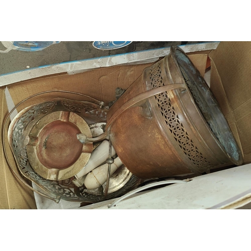 168 - A brass hexagonal planter with two hands and a selection of decorative items.